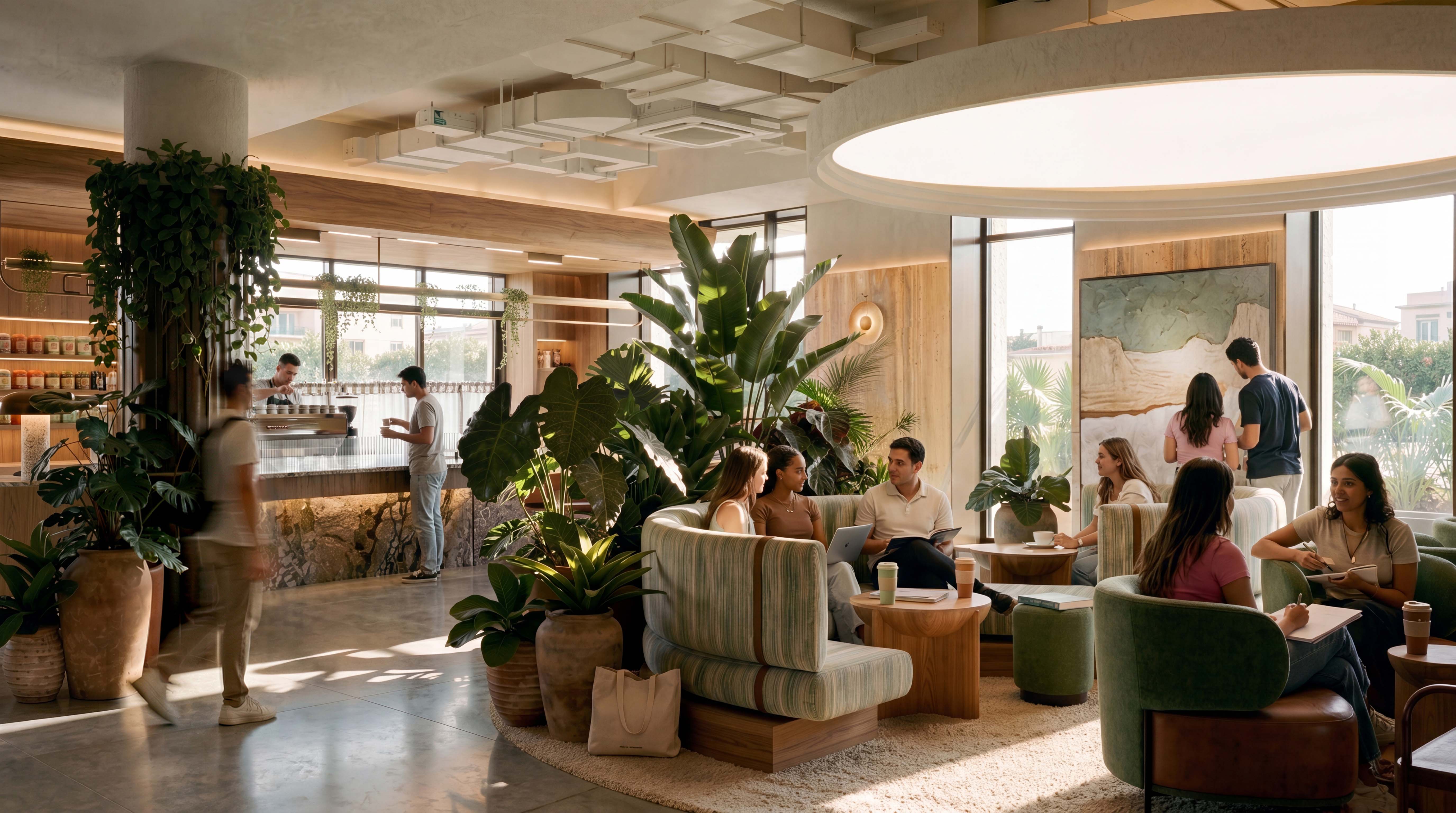 The Herring cafe project visualisation with timber joinery and softly lit seating