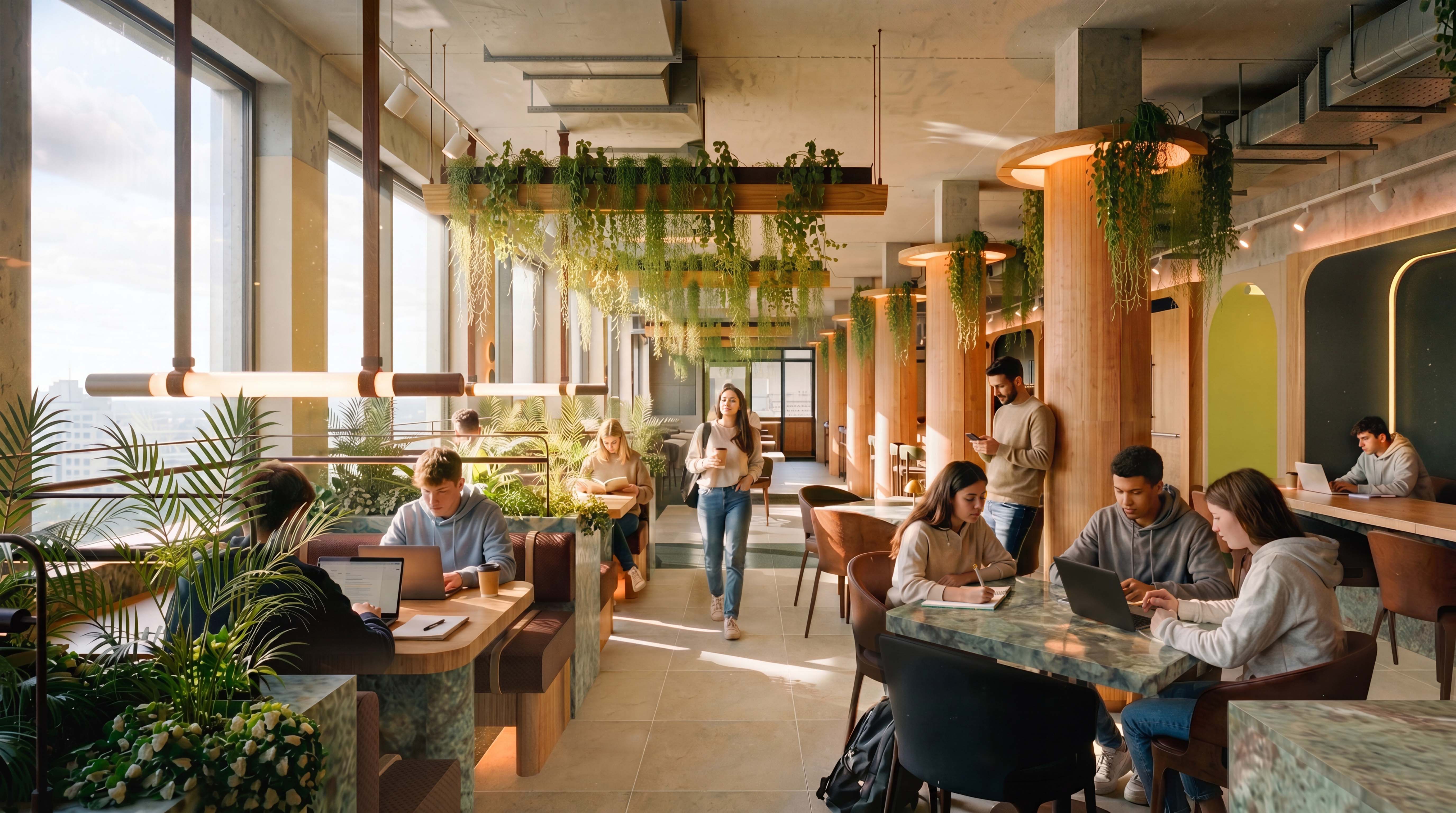 The Herring shared dining space with generous windows, timber finishes and indoor greenery